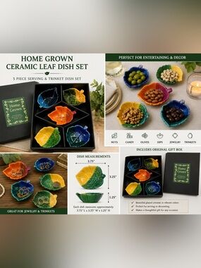Home Grown Colorful Ceramic Leaf Dish Set 5 Piece Serving Trinket Bowls Gift Box
